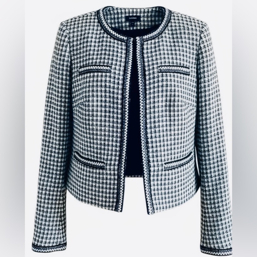 Express Cropped Bouclé Navy and White Open Front Jacket/Blazer Size Small